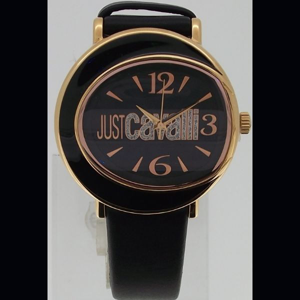 Reloj de señora Just Cavalli bañado en oro caja de luna negra con correa de caucho negra