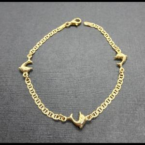 Pulsera oro amarillo 18k con eslabón plano y delfines, 18,5 cm