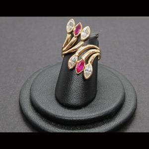 Anillo oro amarillo 18k nº12 alargado formando hojas de circonitas blancas y rosas