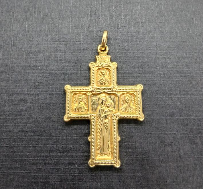 Cruz oro amarillo 18k labrada con la imagen de Cristo y de la virgen