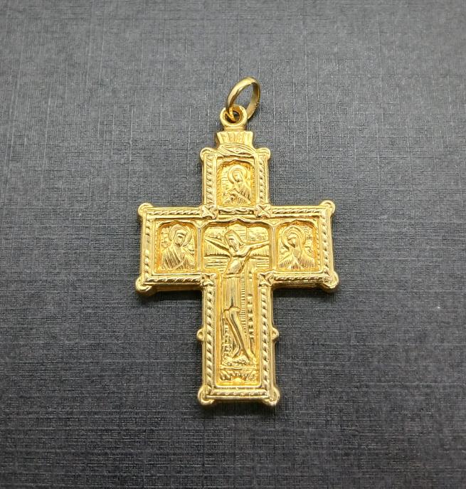 Cruz oro amarillo 18k labrada con la imagen de Cristo y de la virgen - Imagen 2