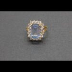 Anillo oro amarillo 18k nº 15,5 con piedra rectangular celeste y circonitas blancas
